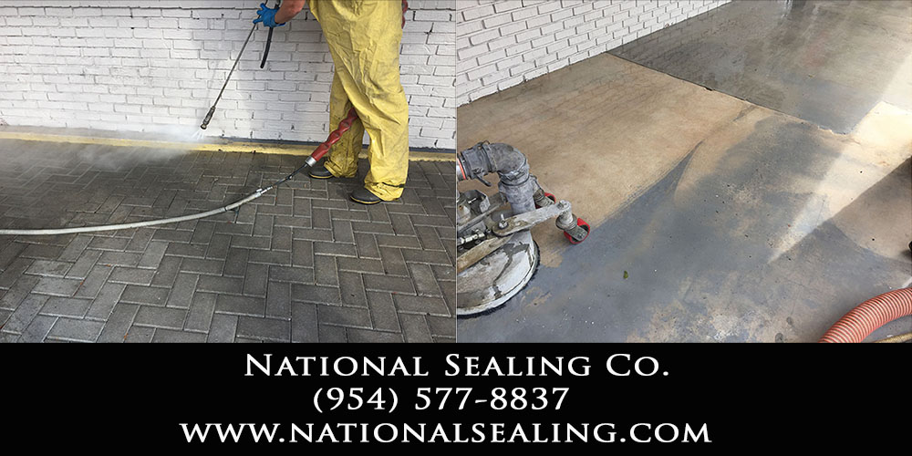 National Sealing has the ability to strip existing sealer from cement, brick pavers, strip paint from cement, using highly concentrated water pressure.